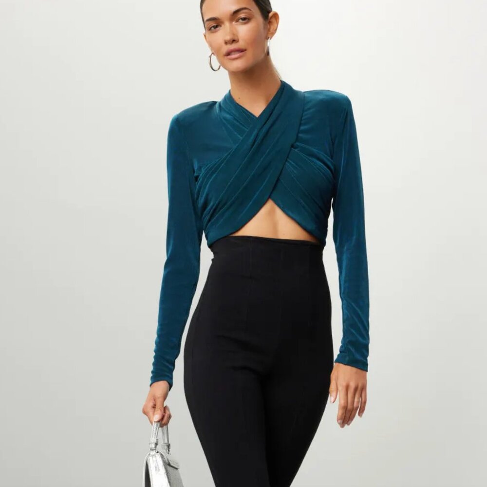 Bardot Wren Wrap Top in Blue Knit Long Sleeve Crop Top Shirt Medium M